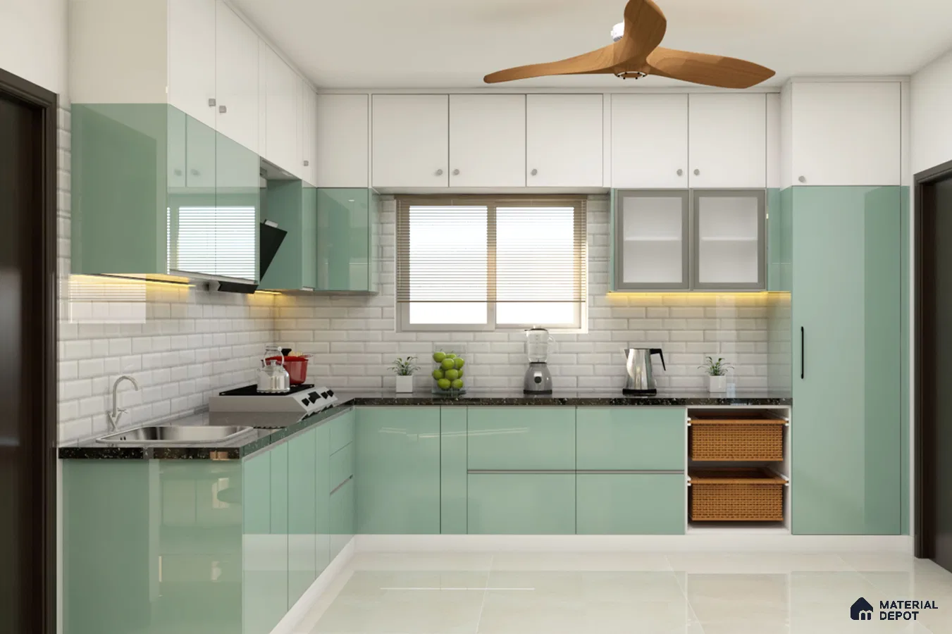 Modern dual tone kitchen with pastel green and frosty white high gloss laminate, black granite countertop, and white subway tile backsplash in Bengaluru | Material Depot