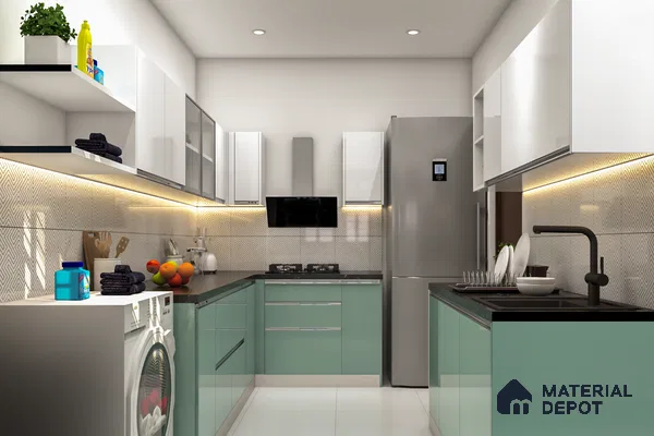 Modern dual tone kitchen with pastel green and frosty white high gloss laminate, geometric backsplash tile, and black quartz countertop in Bengaluru | Material Depot