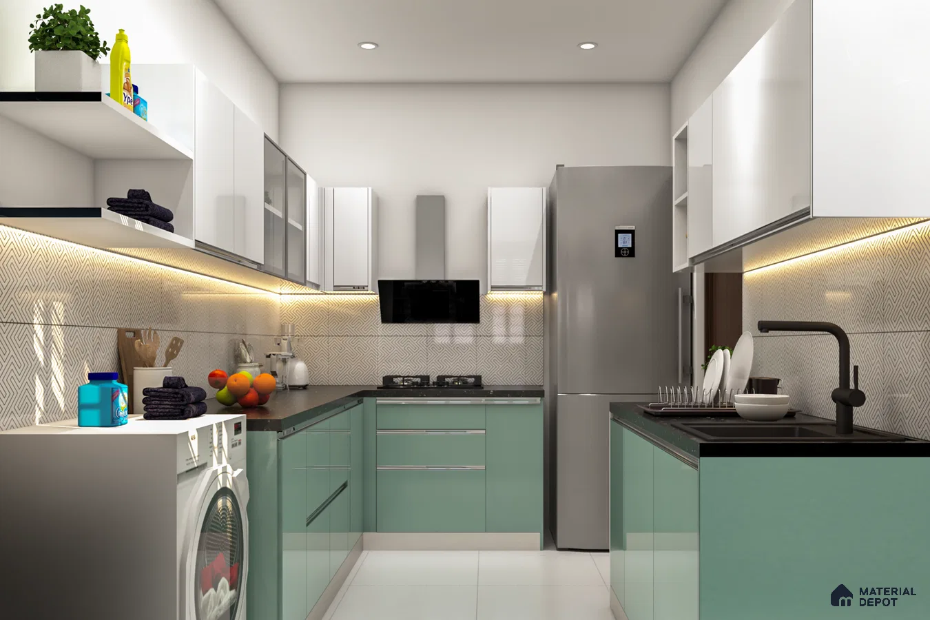 Modern dual tone kitchen with pastel green and frosty white high gloss laminate, geometric backsplash tile, and black quartz countertop in Bengaluru | Material Depot