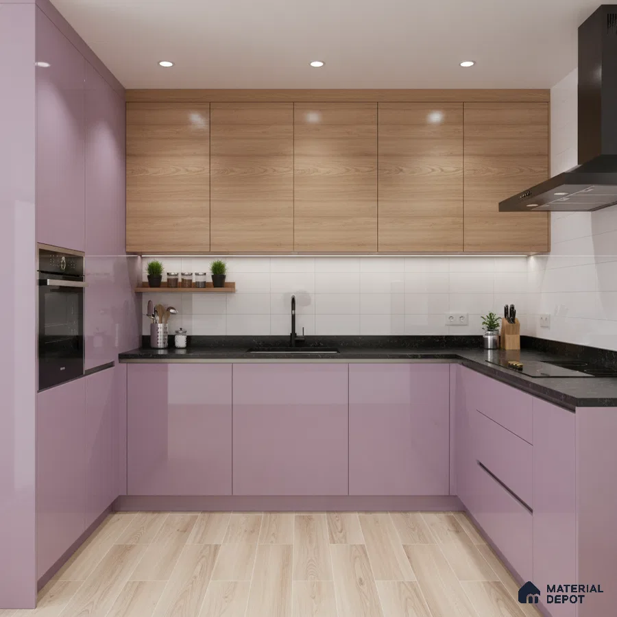 Modern dual tone kitchen with pastel lavender high gloss laminate, natural oak laminate, and black quartz countertop in Bengaluru