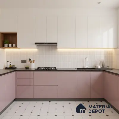 Modern dual tone kitchen with pastel pink high gloss laminate, frosty white laminate, and vertical white subway backsplash tiles in Bengaluru