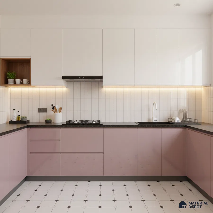 Modern dual tone kitchen with pastel pink high gloss laminate, frosty white laminate, and vertical white subway backsplash tiles in Bengaluru