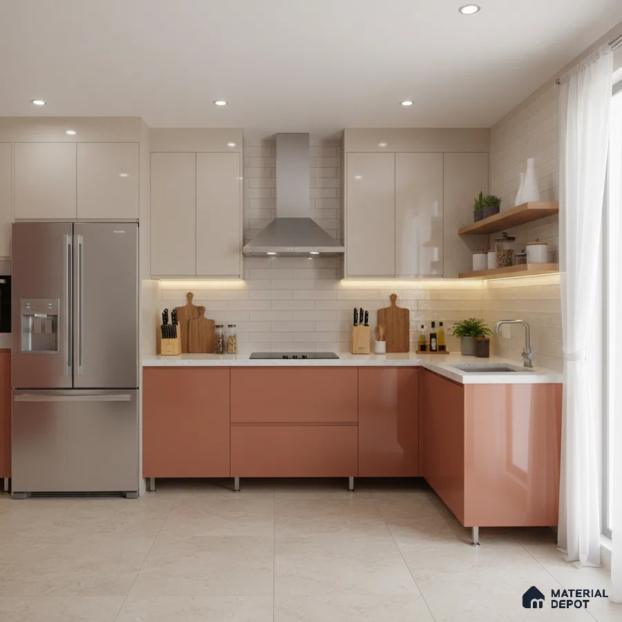 Modern dual tone kitchen with peach and beige laminate, white quartz countertop, and subway tile backsplash in Bengaluru