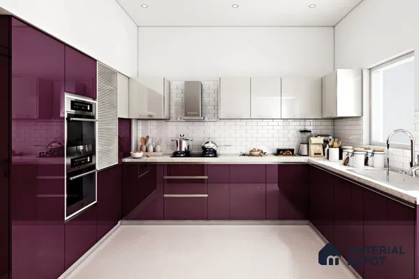 Modern dual tone kitchen with plum high gloss laminate, frosty white laminate, and white subway tile backsplash in Bengaluru | Material Depot