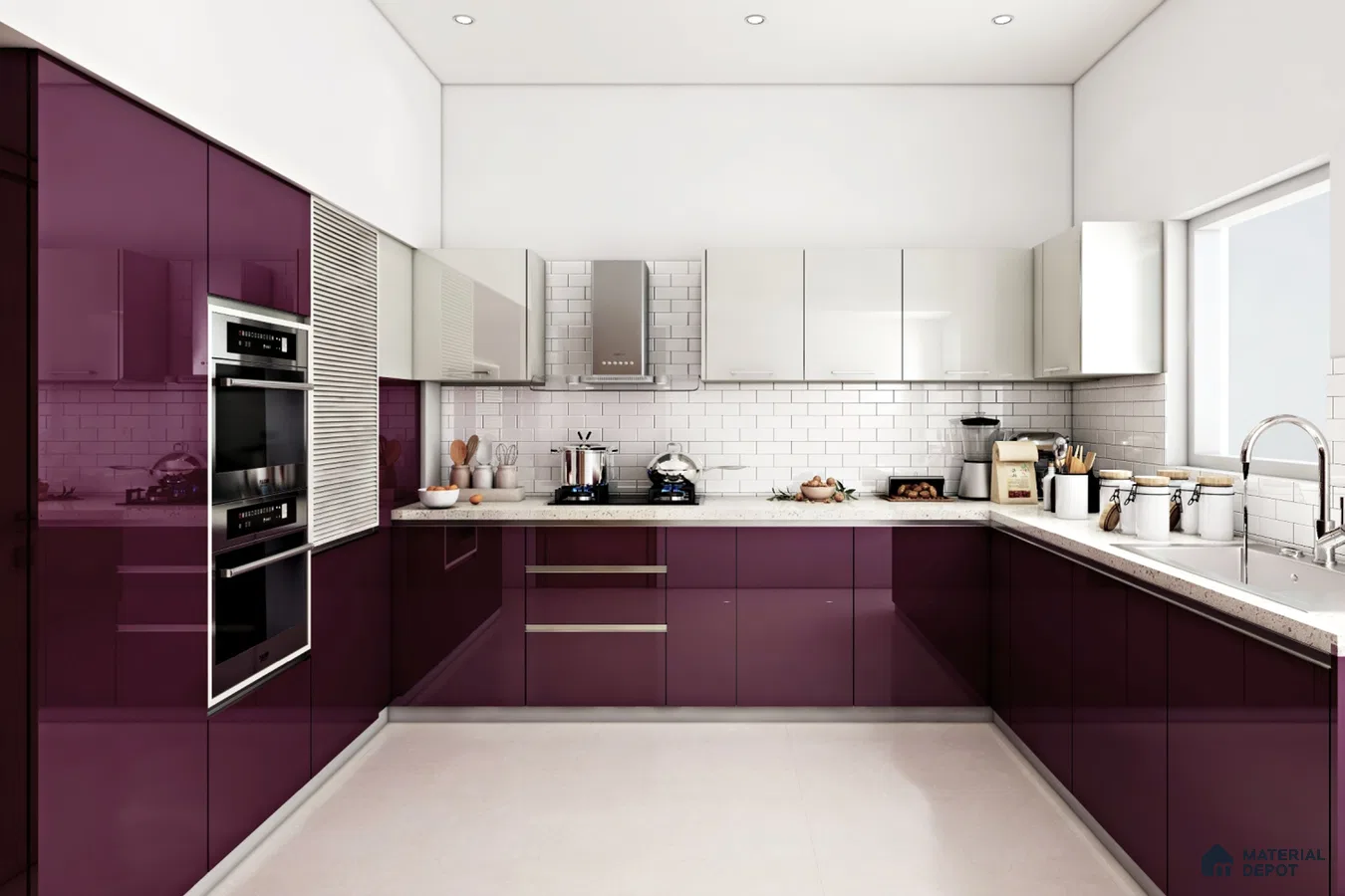 Modern dual tone kitchen with plum high gloss laminate, frosty white laminate, and white subway tile backsplash in Bengaluru | Material Depot