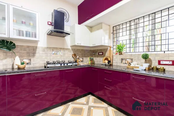 Modern dual tone kitchen with plum high gloss laminate, frosty white laminate, beige geometric backsplash tile, and patterned floor tile in Bengaluru | Material Depot