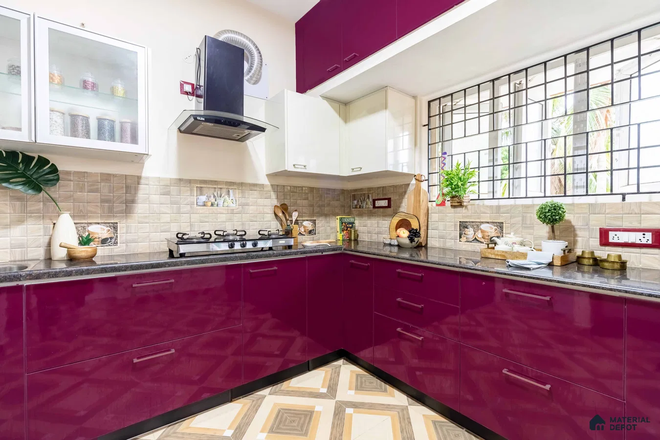 Modern dual tone kitchen with plum high gloss laminate, frosty white laminate, beige geometric backsplash tile, and patterned floor tile in Bengaluru | Material Depot