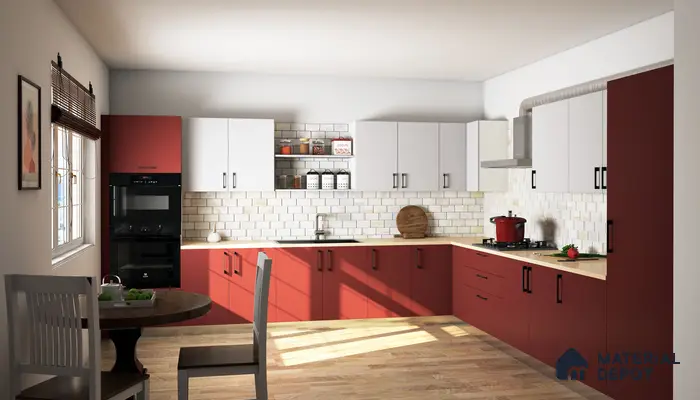 Modern dual tone kitchen with red and white laminate cabinets, subway tile backsplash, and light wood flooring in Bengaluru | Material Depot