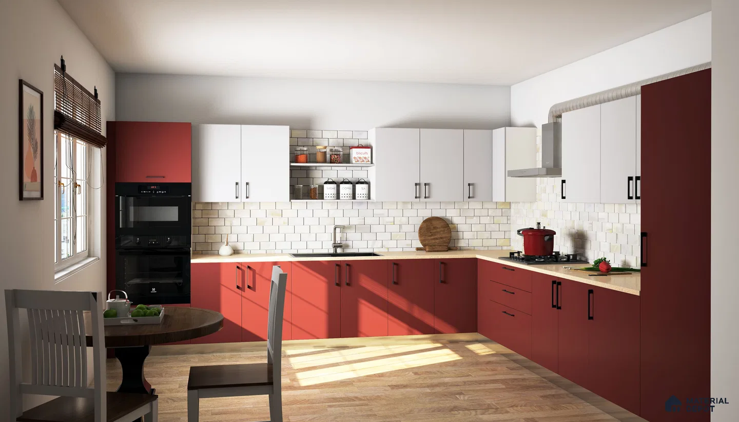 Modern dual tone kitchen with red and white laminate cabinets, subway tile backsplash, and light wood flooring in Bengaluru | Material Depot