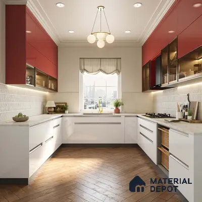 Modern dual tone kitchen with red high gloss laminate, white matte laminate, and herringbone wooden floor tile in Bengaluru | Material Depot