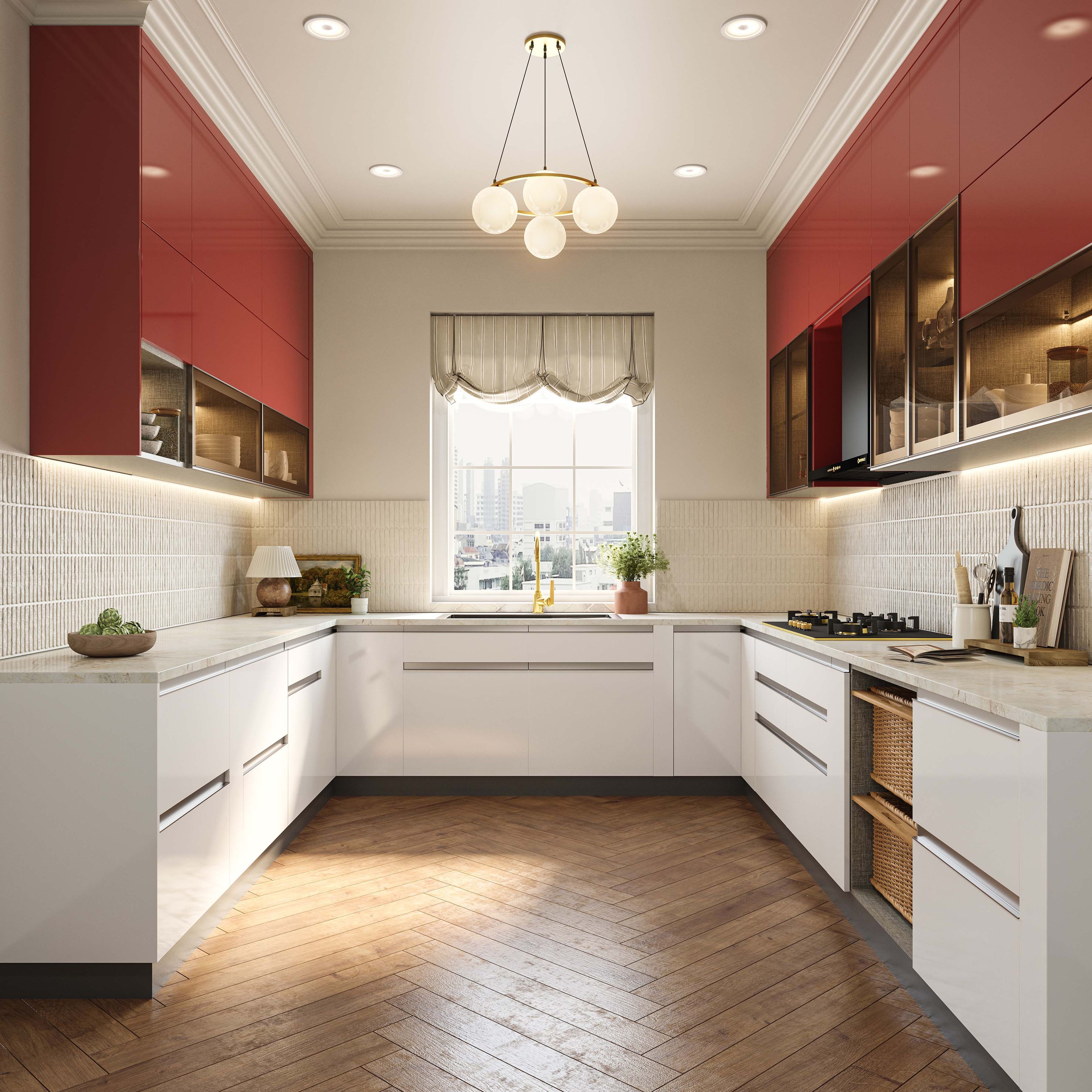 Modern dual tone kitchen with red high gloss laminate, white matte laminate, and herringbone wooden floor tile in Bengaluru | Material Depot