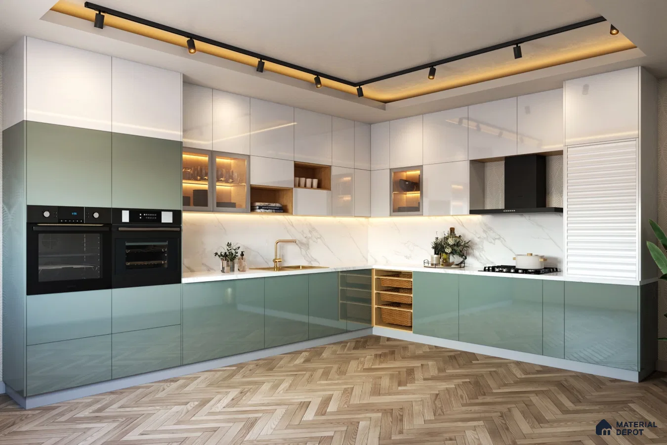 Modern dual tone kitchen with sage green and frosty white high gloss laminate, marble backsplash, and herringbone wood tile flooring in Bengaluru | Material Depot