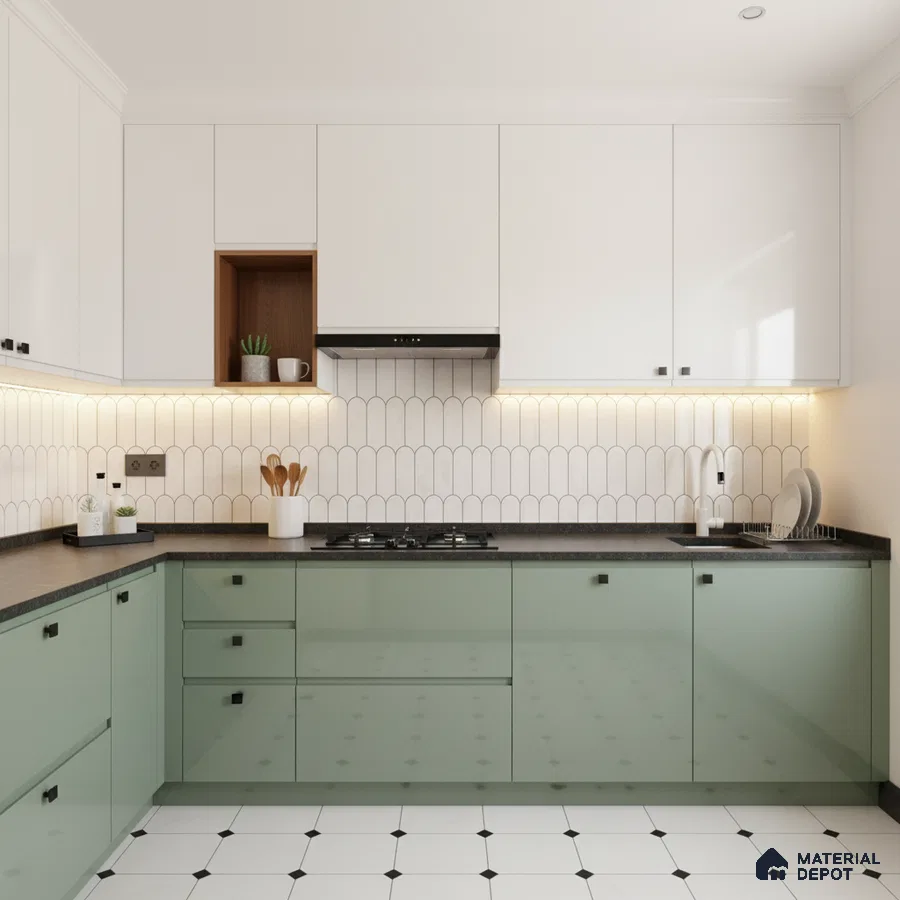 Modern dual tone kitchen with sage green and frosty white laminate, black quartz countertop, and scallop white backsplash tile in Bengaluru