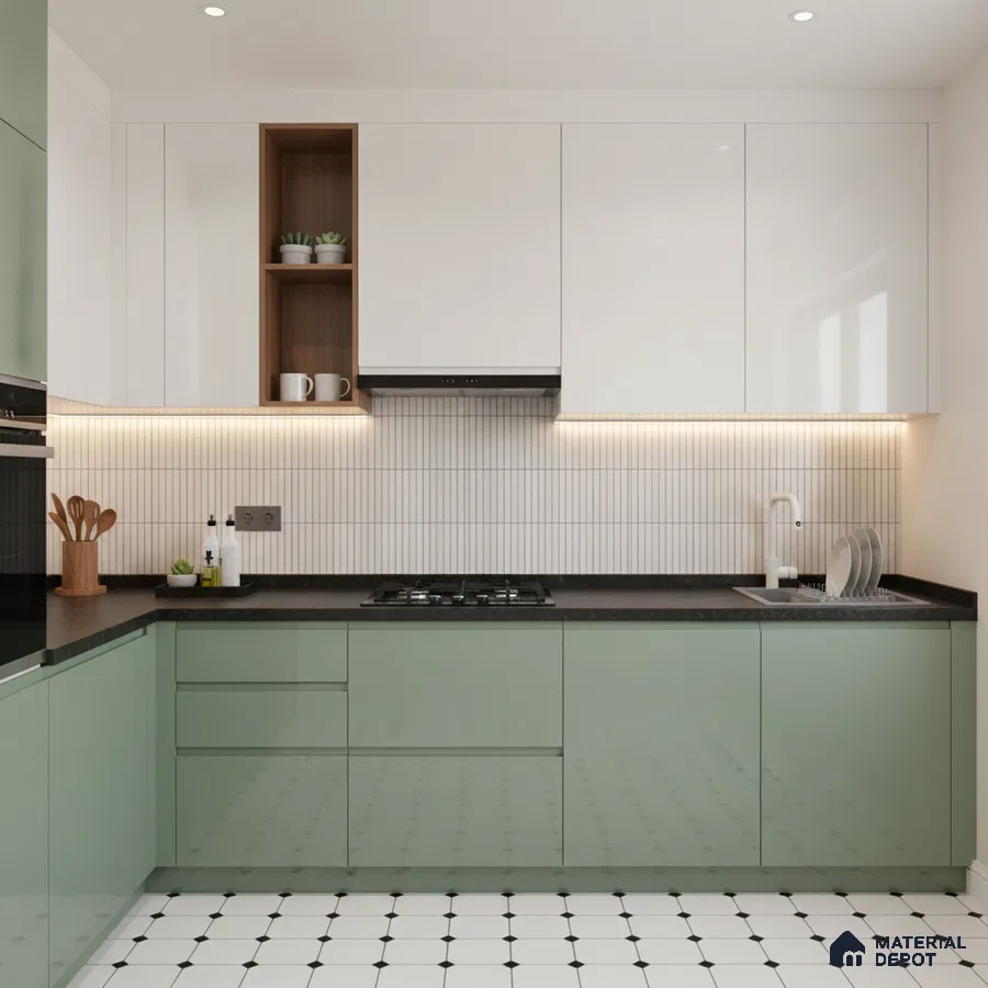 Modern dual tone kitchen with sage green and frosty white laminate, black quartz countertop, and white geometric floor tiles in Bengaluru