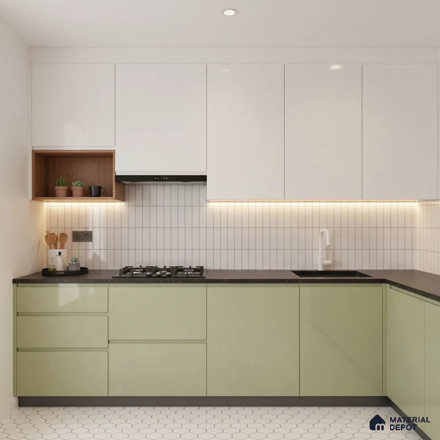 Modern dual tone kitchen with sage green and frosty white laminate, black quartz countertop, and white hexagonal floor tiles in Bengaluru