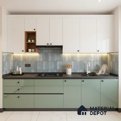 Modern dual tone kitchen with sage green and frosty white laminate, blue vertical subway backsplash tile, and black quartz countertop in Bengaluru