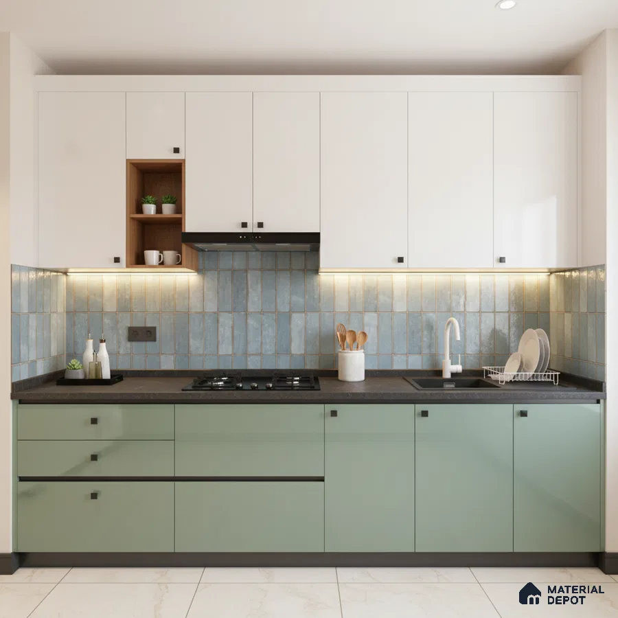 Modern dual tone kitchen with sage green and frosty white laminate, blue vertical subway backsplash tile, and black quartz countertop in Bengaluru