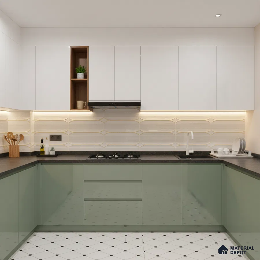 Modern dual tone kitchen with sage green and frosty white laminate, geometric backsplash tile, and black granite countertop in Bengaluru