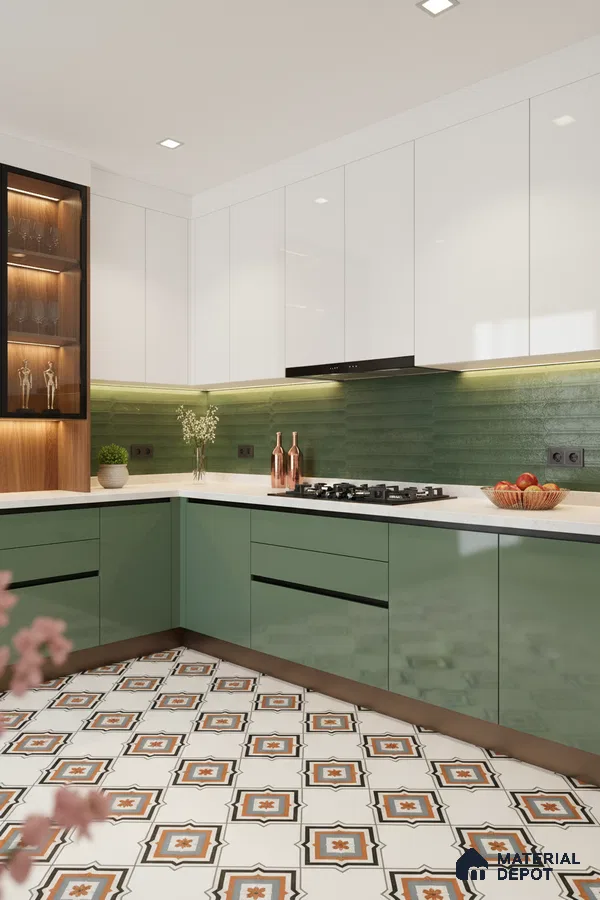 Modern dual tone kitchen with sage green and frosty white laminate, green textured backsplash tile, and patterned floor tile in Bengaluru