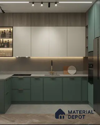 Modern dual tone kitchen with sage green and frosty white laminate, grey quartz countertop, and wood grain upper panels in Bengaluru | Material Depot