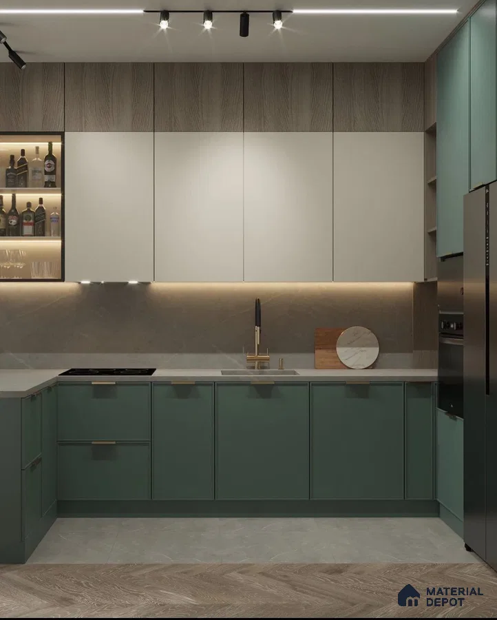 Modern dual tone kitchen with sage green and frosty white laminate, grey quartz countertop, and wood grain upper panels in Bengaluru | Material Depot