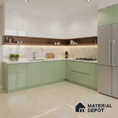Modern dual tone kitchen with sage green and frosty white laminate, marble backsplash, and beige marble floor tile in Bengaluru