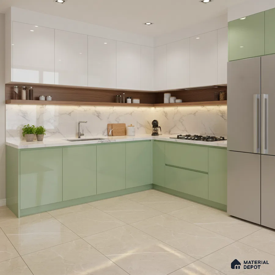 Modern dual tone kitchen with sage green and frosty white laminate, marble backsplash, and beige marble floor tile in Bengaluru