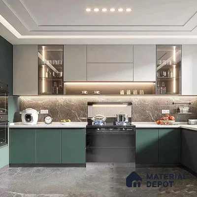Modern dual tone kitchen with sage green and frosty white laminate, marble backsplash, and white quartz countertop in Bengaluru | Material Depot