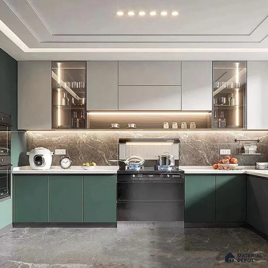 Modern dual tone kitchen with sage green and frosty white laminate, marble backsplash, and white quartz countertop in Bengaluru | Material Depot