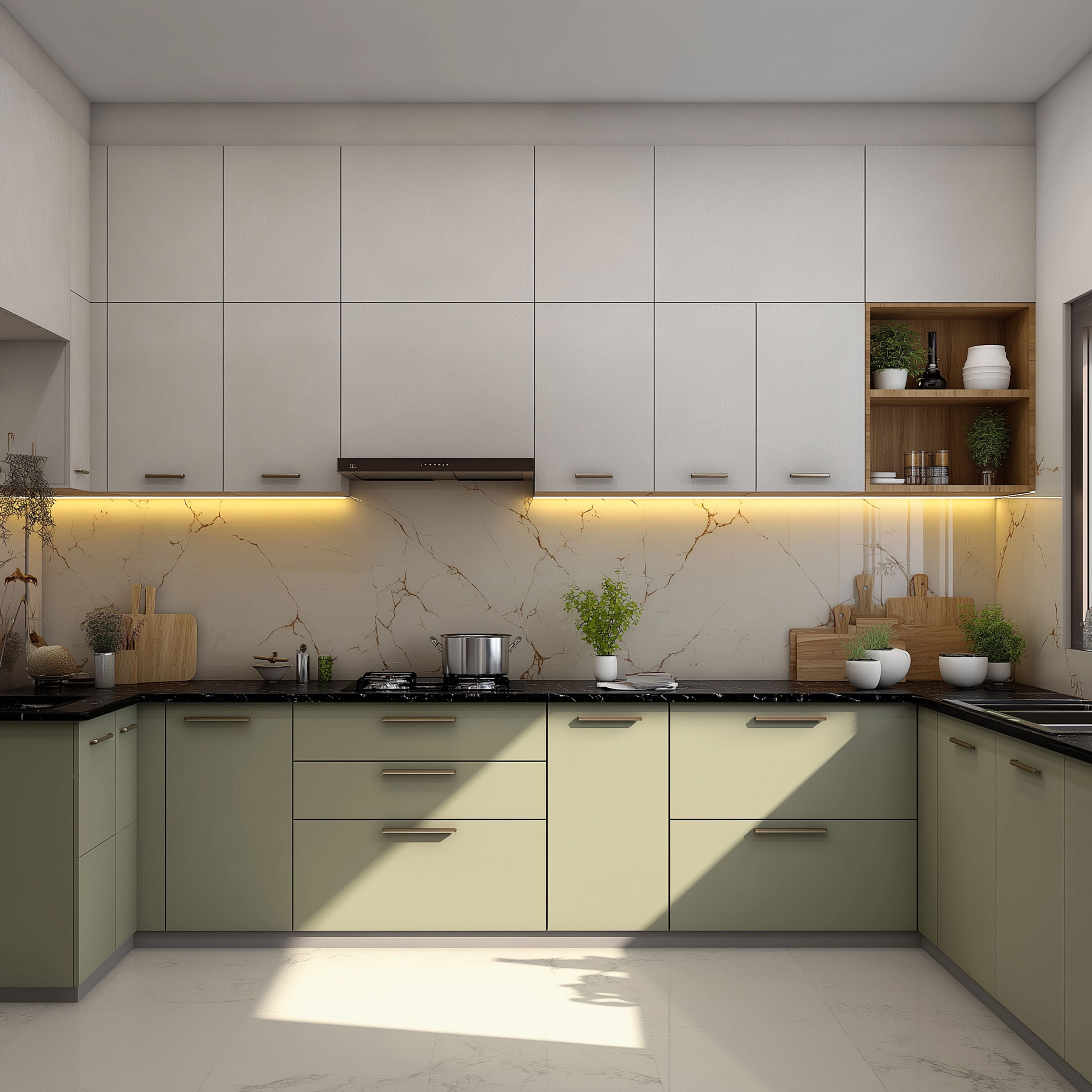 Modern dual tone kitchen with sage green and frosty white laminate, marble-look backsplash, and black quartz countertop in Bengaluru | Material Depot