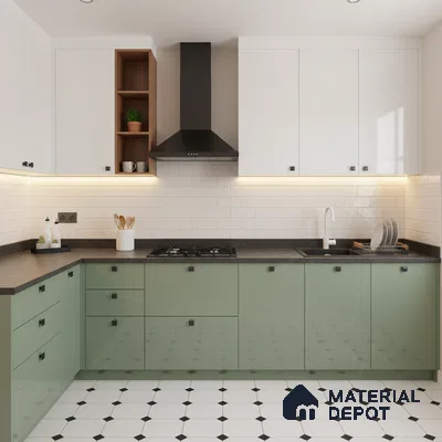 Modern dual tone kitchen with sage green and frosty white laminate, subway tile backsplash, and geometric floor tile in Bengaluru