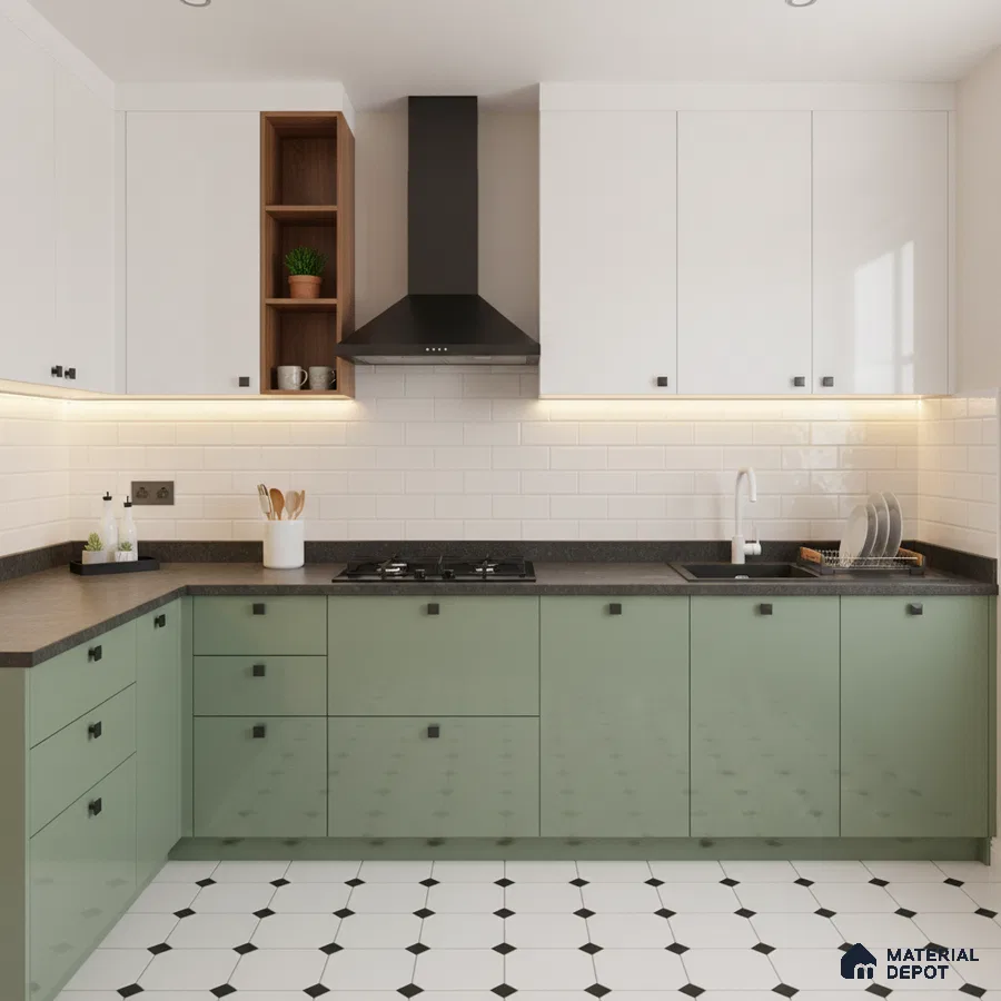 Modern dual tone kitchen with sage green and frosty white laminate, subway tile backsplash, and geometric floor tile in Bengaluru