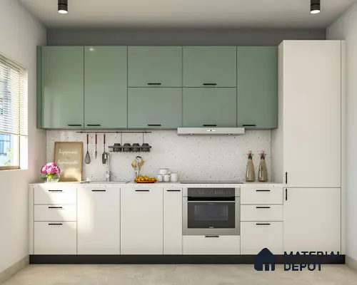 Modern dual tone kitchen with sage green and frosty white laminate, terrazzo backsplash and countertop in Bengaluru | Material Depot