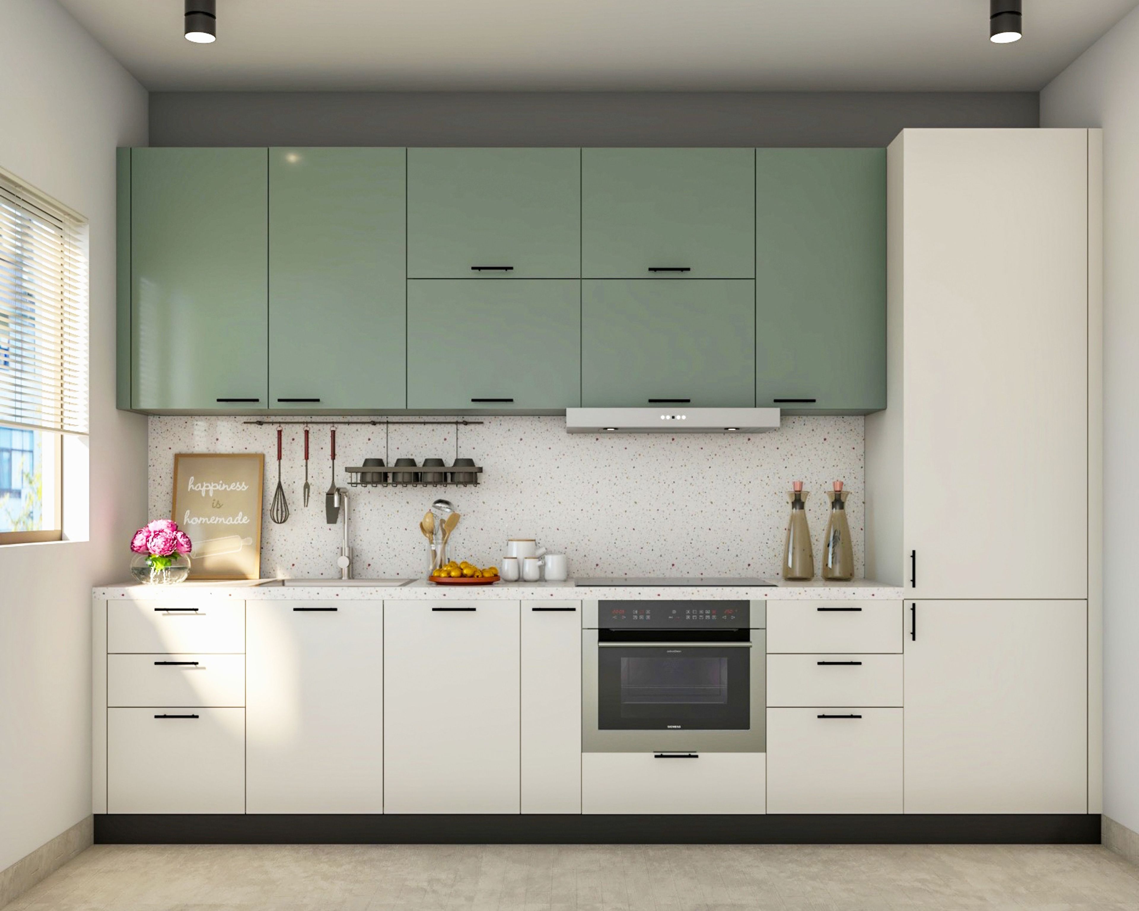 Modern dual tone kitchen with sage green and frosty white laminate, terrazzo backsplash and countertop in Bengaluru | Material Depot
