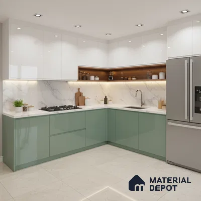 Modern dual tone kitchen with sage green and frosty white laminate, white marble backsplash, and quartz countertop in Bengaluru