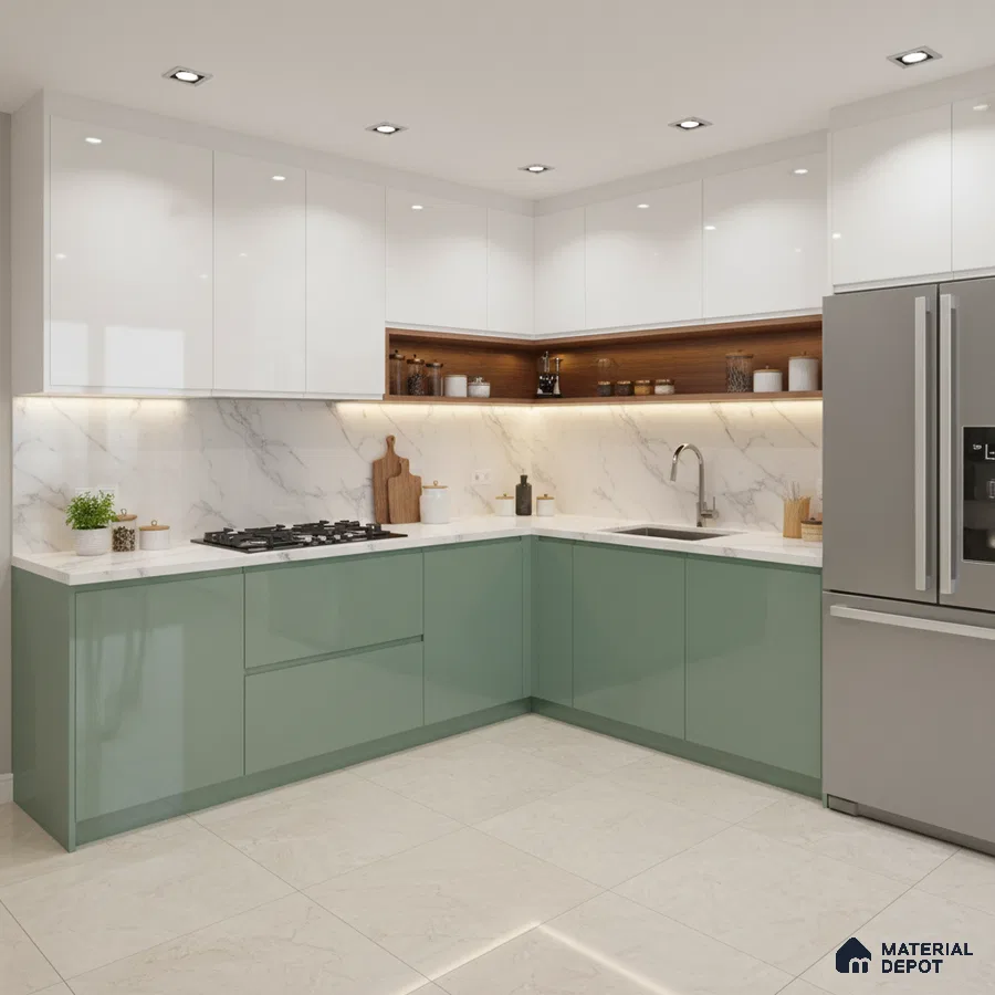 Modern dual tone kitchen with sage green and frosty white laminate, white marble backsplash, and quartz countertop in Bengaluru