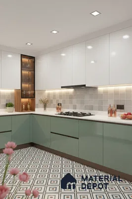 Modern dual tone kitchen with sage green and frosty white laminate, white quartz countertop, and geometric patterned floor tiles in Bengaluru
