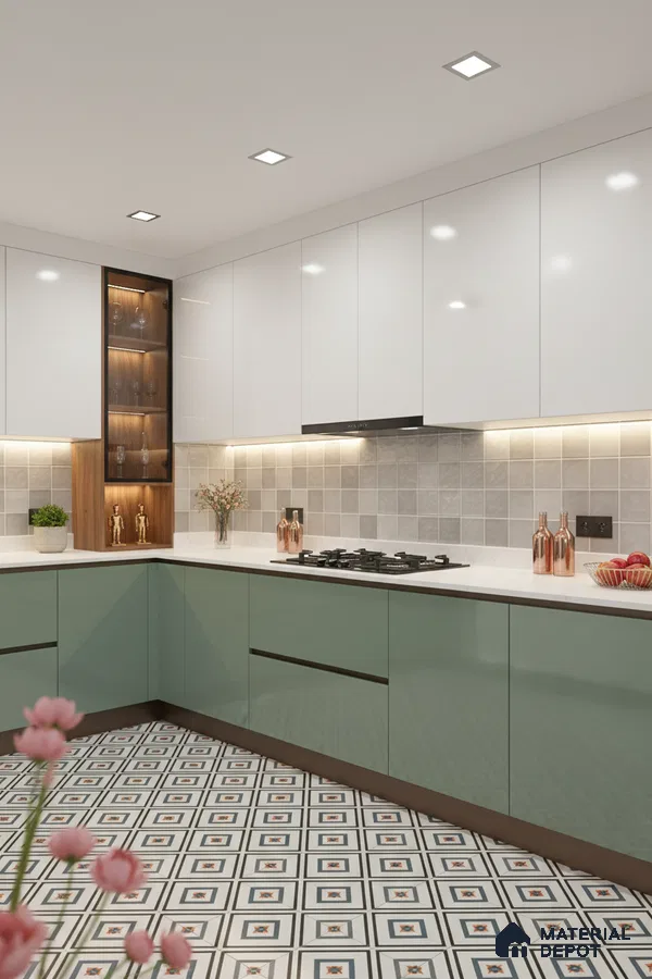 Modern dual tone kitchen with sage green and frosty white laminate, white quartz countertop, and geometric patterned floor tiles in Bengaluru