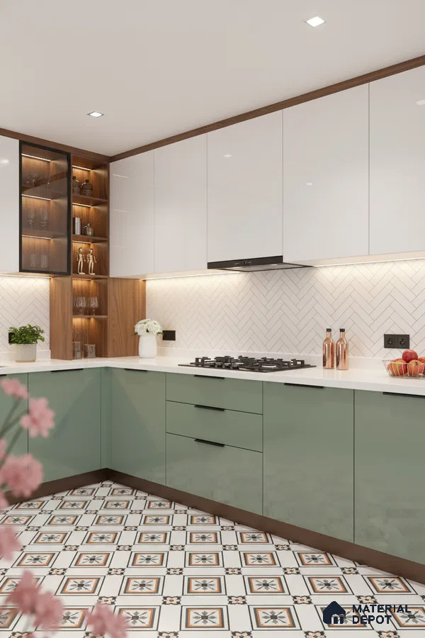 Modern dual tone kitchen with sage green and frosty white laminate, white quartz countertop, and patterned floor tiles in Bengaluru