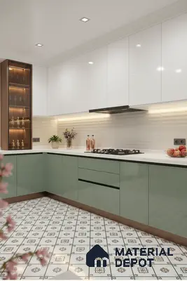 Modern dual tone kitchen with sage green and white high gloss laminate, white quartz countertop, and patterned floor tiles in Bengaluru