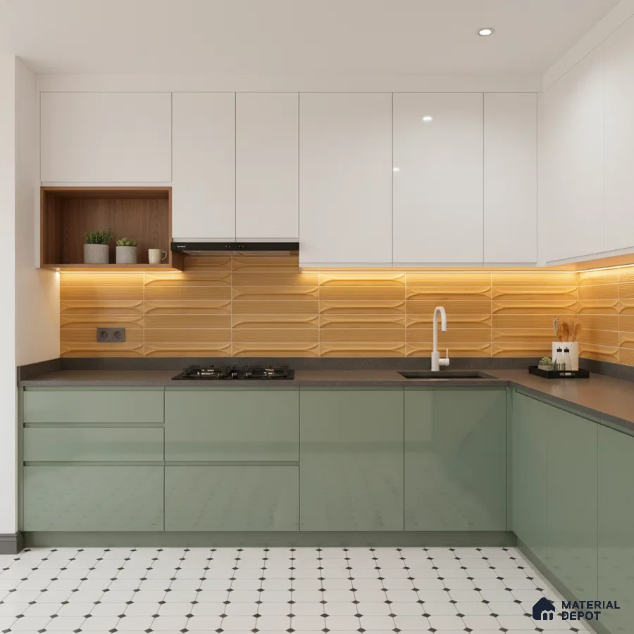Modern dual tone kitchen with sage green and white laminate, ochre geometric backsplash tile, and patterned floor tile in Bengaluru