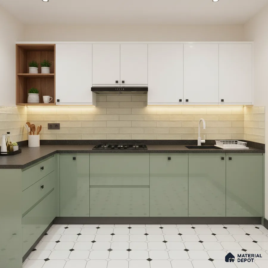 Modern dual tone kitchen with sage green glossy laminate, frosty white laminate, and beige subway backsplash tile in Bengaluru