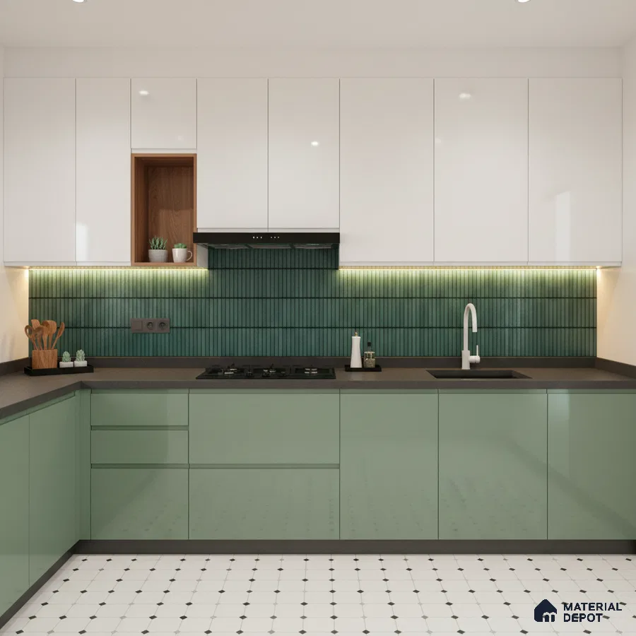 Modern dual tone kitchen with sage green glossy laminate, white laminate, green kitkat backsplash tile, and white patterned floor tile in Bengaluru