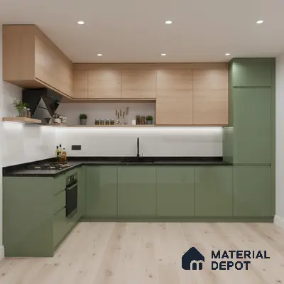 Modern dual tone kitchen with sage green high gloss laminate and light oak wood laminate cabinets in Bengaluru