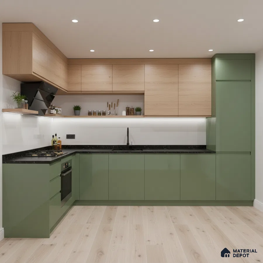 Modern dual tone kitchen with sage green high gloss laminate and light oak wood laminate cabinets in Bengaluru