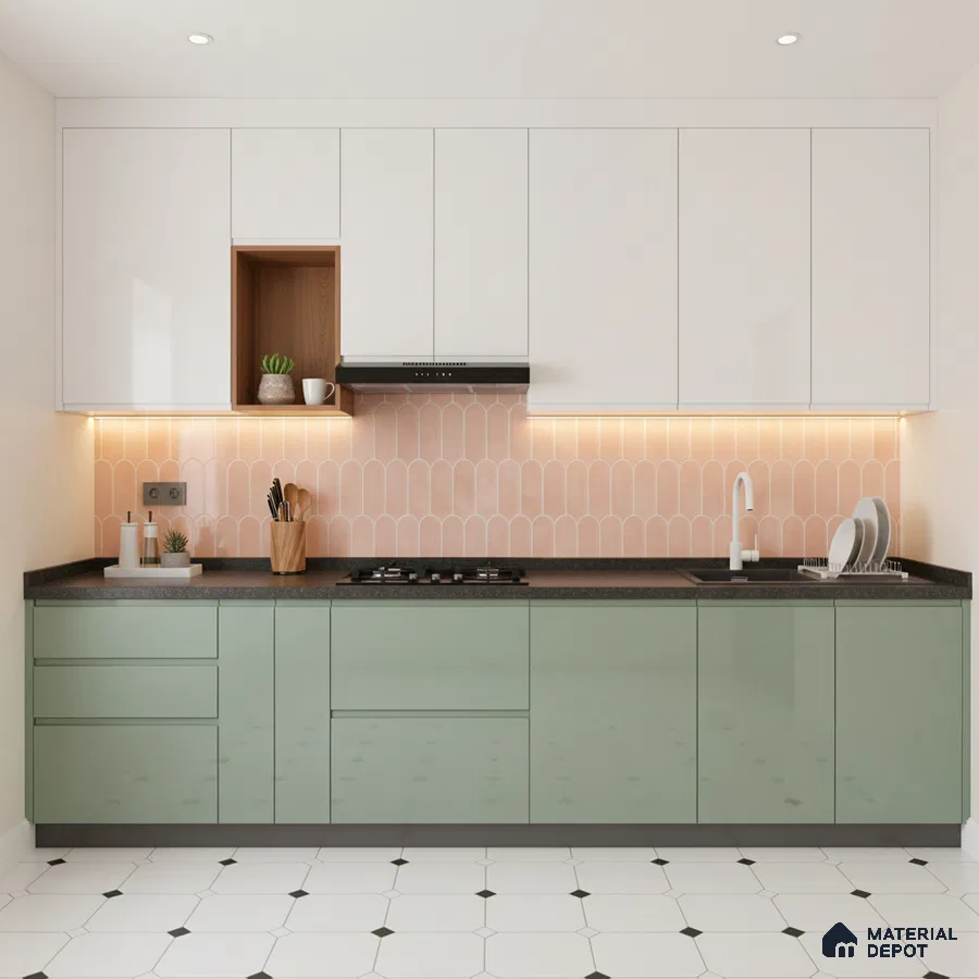 Modern dual tone kitchen with sage green laminate, frosty white laminate, and blush pink scallop backsplash tile in Bengaluru