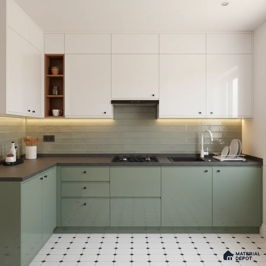 Modern dual tone kitchen with sage green laminate, frosty white laminate, and subway tile backsplash in Bengaluru