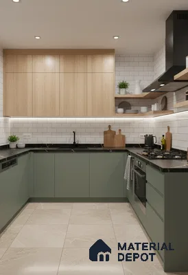 Modern dual tone kitchen with sage green laminate, light oak laminate, and white subway tile backsplash in Bengaluru
