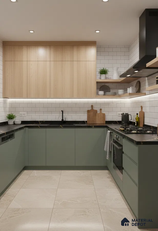 Modern dual tone kitchen with sage green laminate, light oak laminate, and white subway tile backsplash in Bengaluru