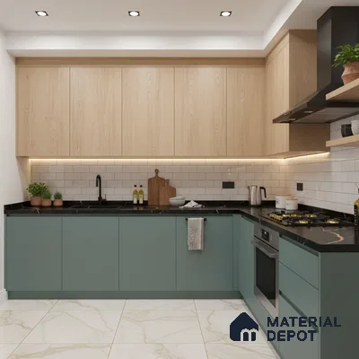 Modern dual tone kitchen with sage green laminate, light oak wood laminate, black marble countertop, and white subway backsplash tiles in Bengaluru